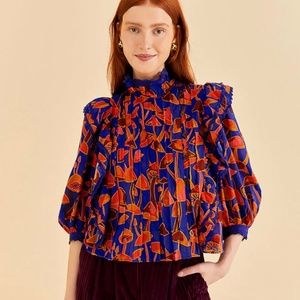 Farm Rio BRIGHT BLUE MUSHROOM SKETCH BLOUSE (NWT, large)